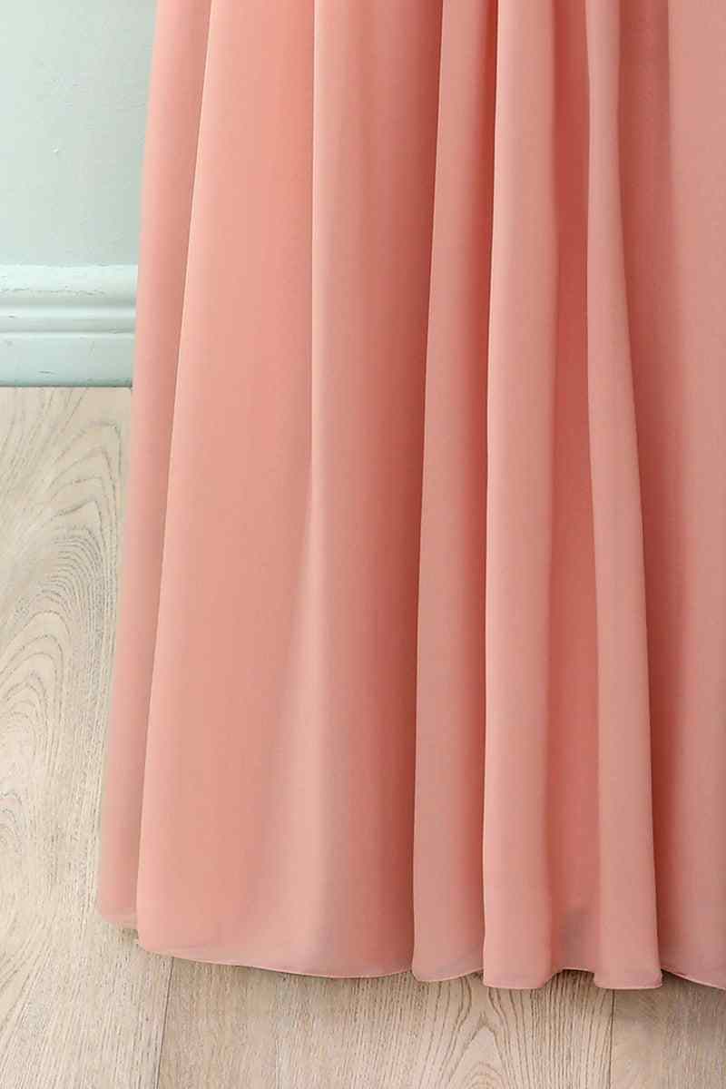 Dusty Pink A-line Illusion Lace Neck Pleated Chiffon Long Bridesmaid Dress