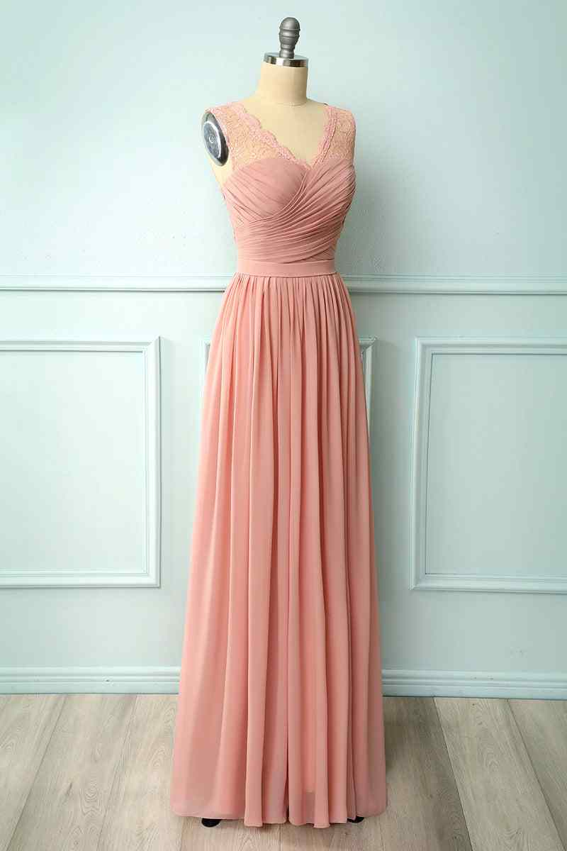 Dusty Pink A-line Illusion Lace Neck Pleated Chiffon Long Bridesmaid Dress Dusty Pink / US 12