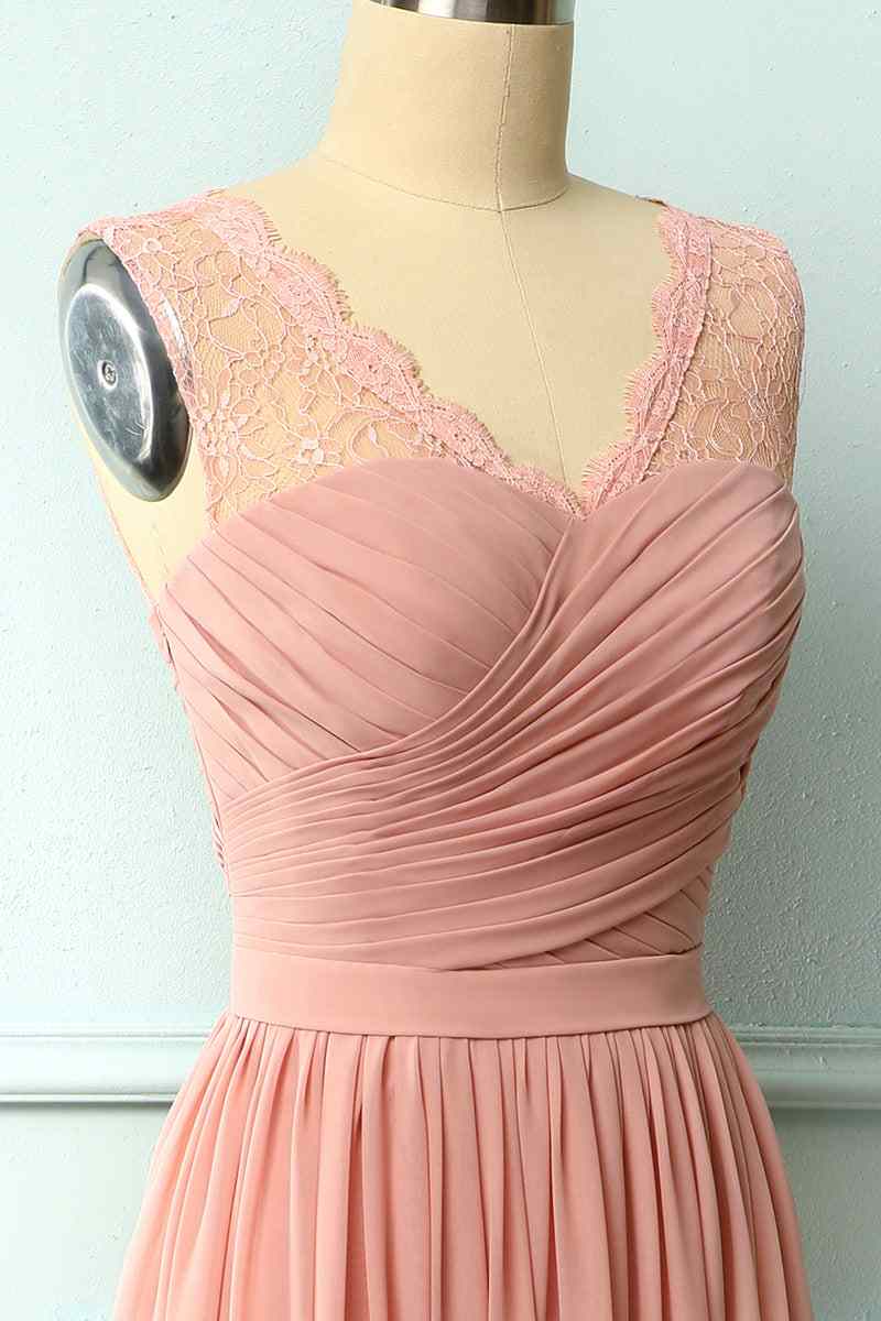 Dusty Pink A-line Illusion Lace Neck Pleated Chiffon Long Bridesmaid Dress