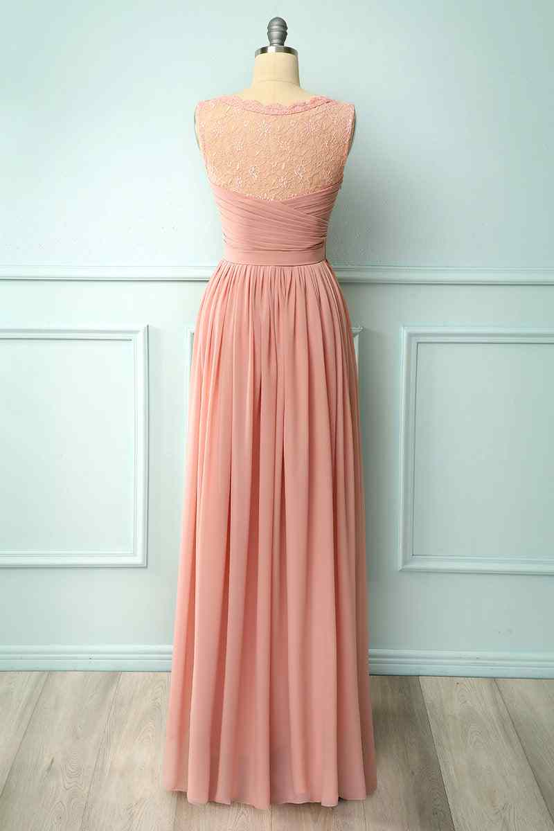 Dusty Pink A-line Illusion Lace Neck Pleated Chiffon Long Bridesmaid Dress