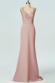 Dusty Rose Mermaid Sheer Strap Applique Crepe Long Bridesmaid Dress