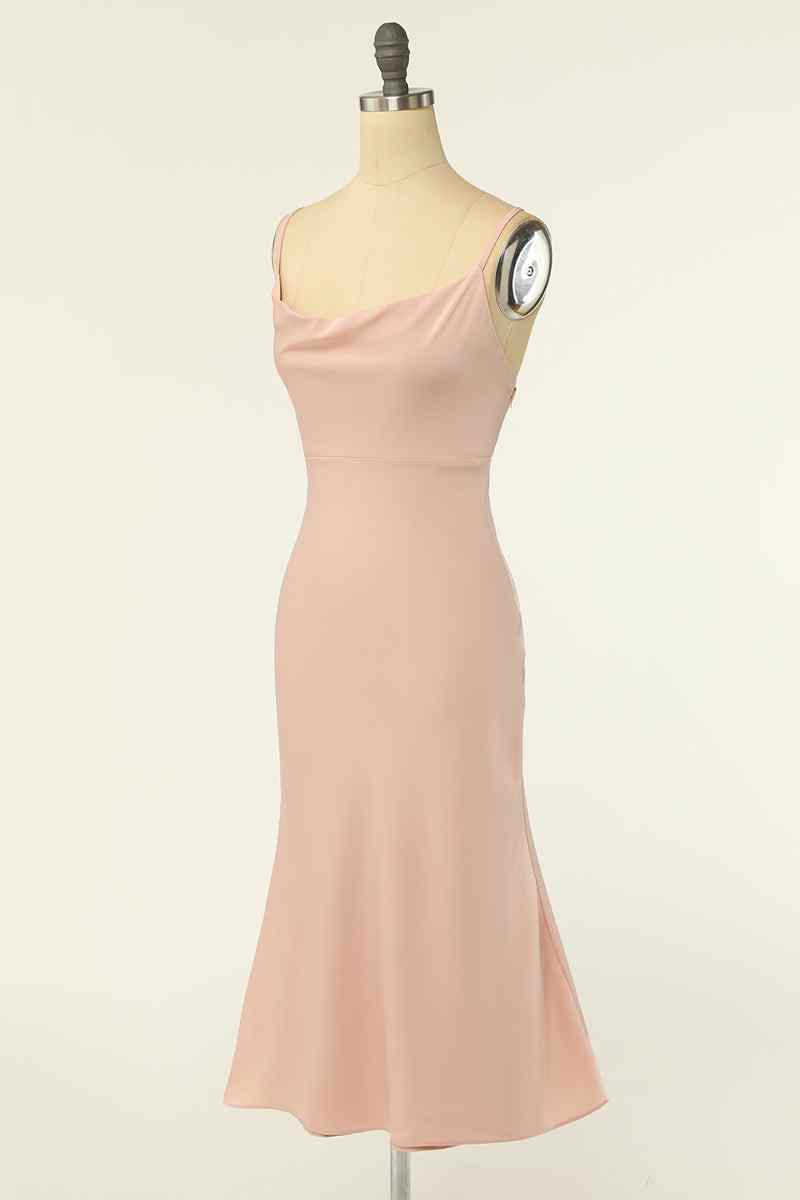Blushing Pink Mermaid Cowl Neck Chiffon Lace-Up Back knee Length Bridesmaid Dress