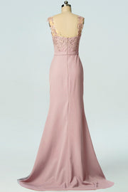 Dusty Rose Mermaid Sheer Strap Applique Crepe Long Bridesmaid Dress