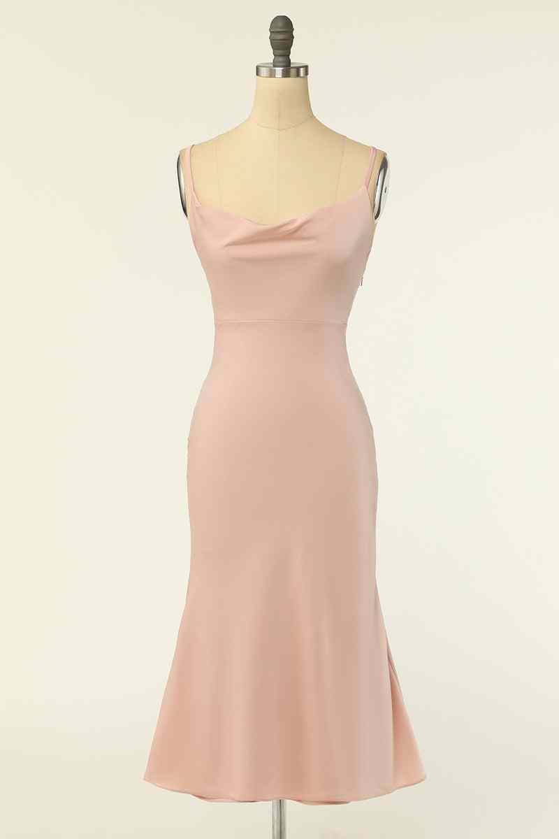 Blushing Pink Mermaid Cowl Neck Chiffon Lace-Up Back knee Length Bridesmaid Dress Blushing Pink / US 16 Blushing Pink Mermaid Cowl Neck Chiffon Lace-Up Back knee Length Bridesmaid Dress Blushing Pink / US 16