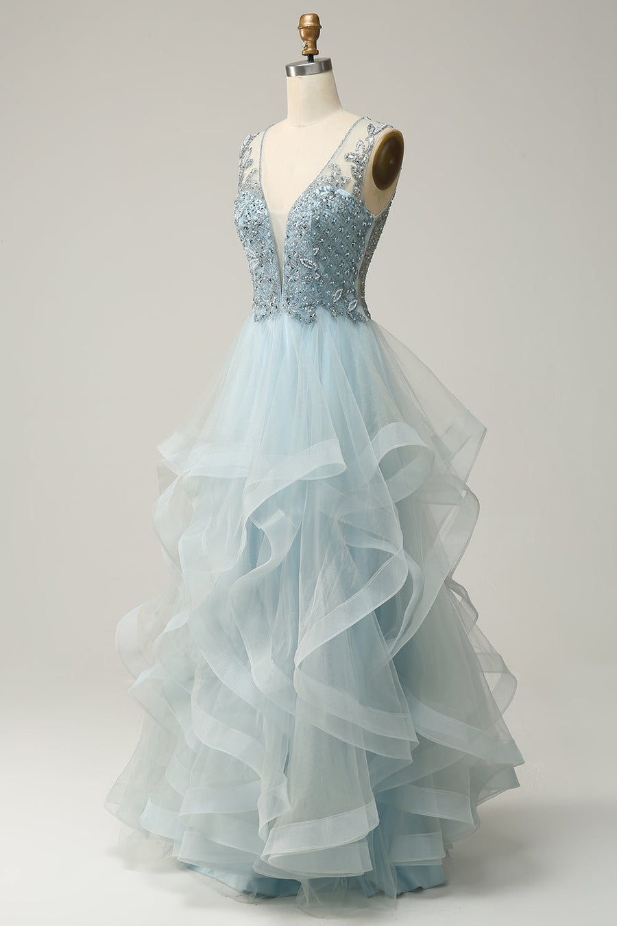 Light Blue Beaded Ruffle Layers Long Formal Gown