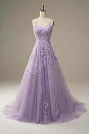 Lilac A-line Tulle Lace-up Back 3D Applique Long Prom Dress