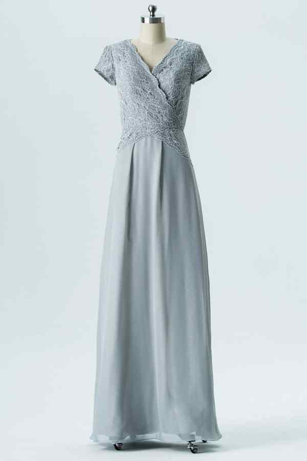 Dusty Blue A-line Cap Sleeves Chiffon Lace Long Bridesmaid Dress