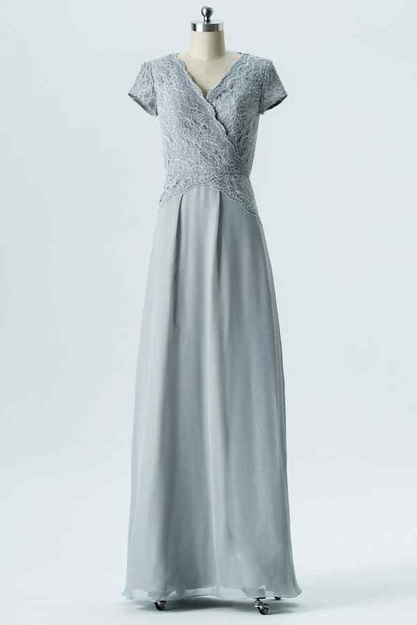 Dusty Blue A-line Cap Sleeves Chiffon Lace Long Bridesmaid Dress Dusty Blue / US 16