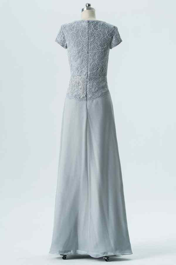Dusty Blue A-line Cap Sleeves Chiffon Lace Long Bridesmaid Dress