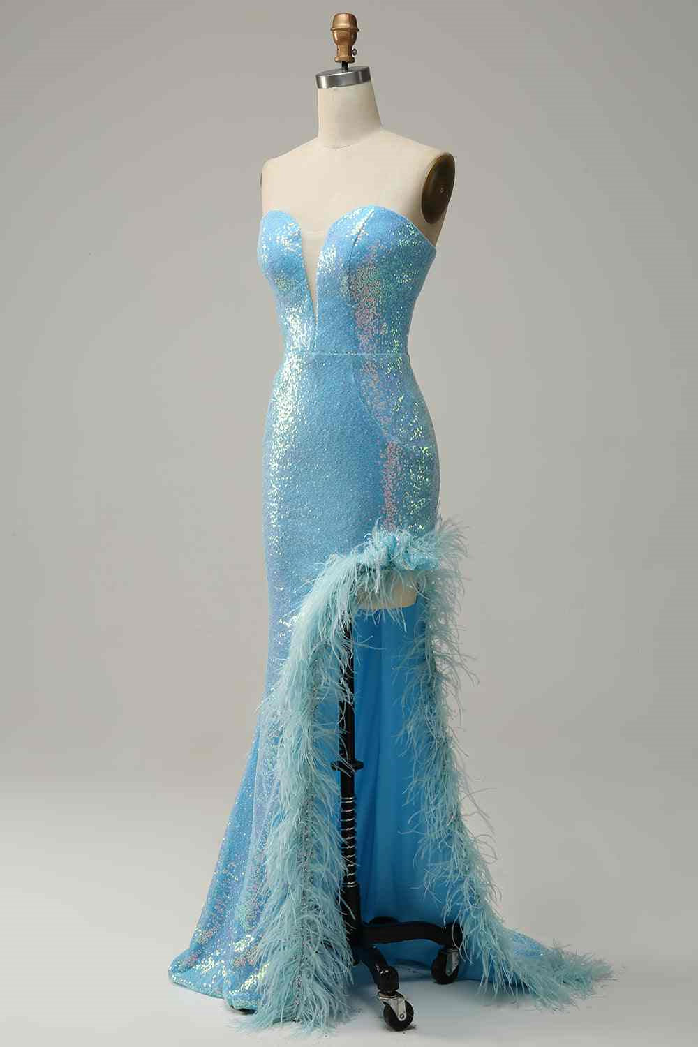 Sky Blue Mermaid Strapless Sparkly Long Formal Dress
