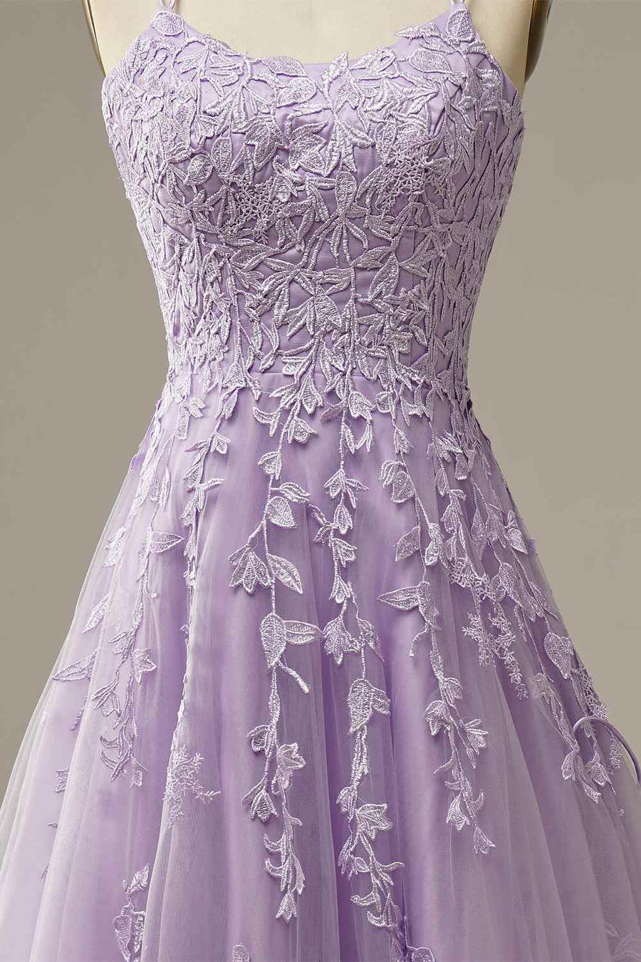 Lilac A-line Tulle Lace-up Back 3D Applique Long Prom Dress