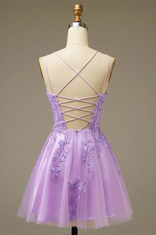 Lilac A-line Lace-Up Back Applique Tulle Mini Homecoming Dress