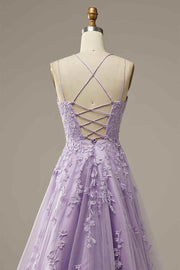 Lilac A-line Tulle Lace-up Back 3D Applique Long Prom Dress