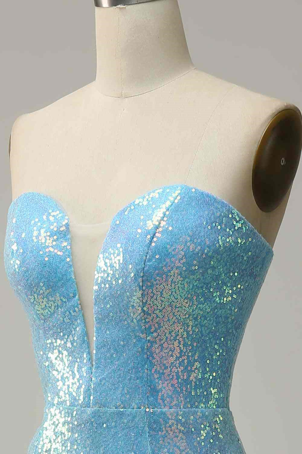 Sky Blue Mermaid Strapless Sparkly Long Formal Dress