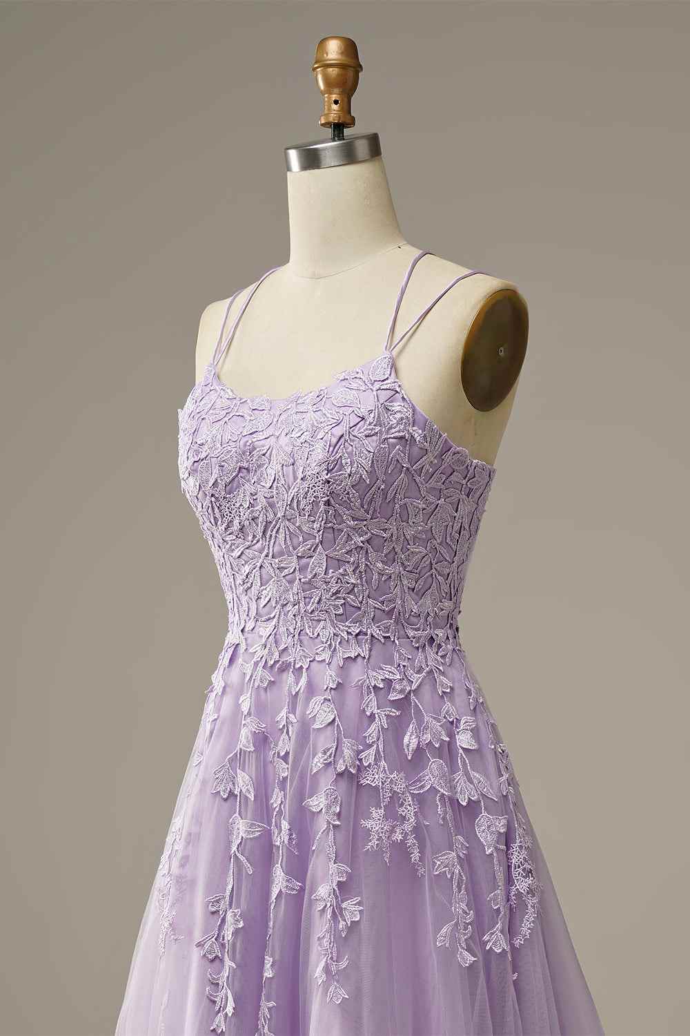 Lilac A-line Tulle Lace-up Back 3D Applique Long Prom Dress