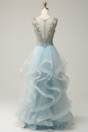 Light Blue Beaded Ruffle Layers Long Formal Gown