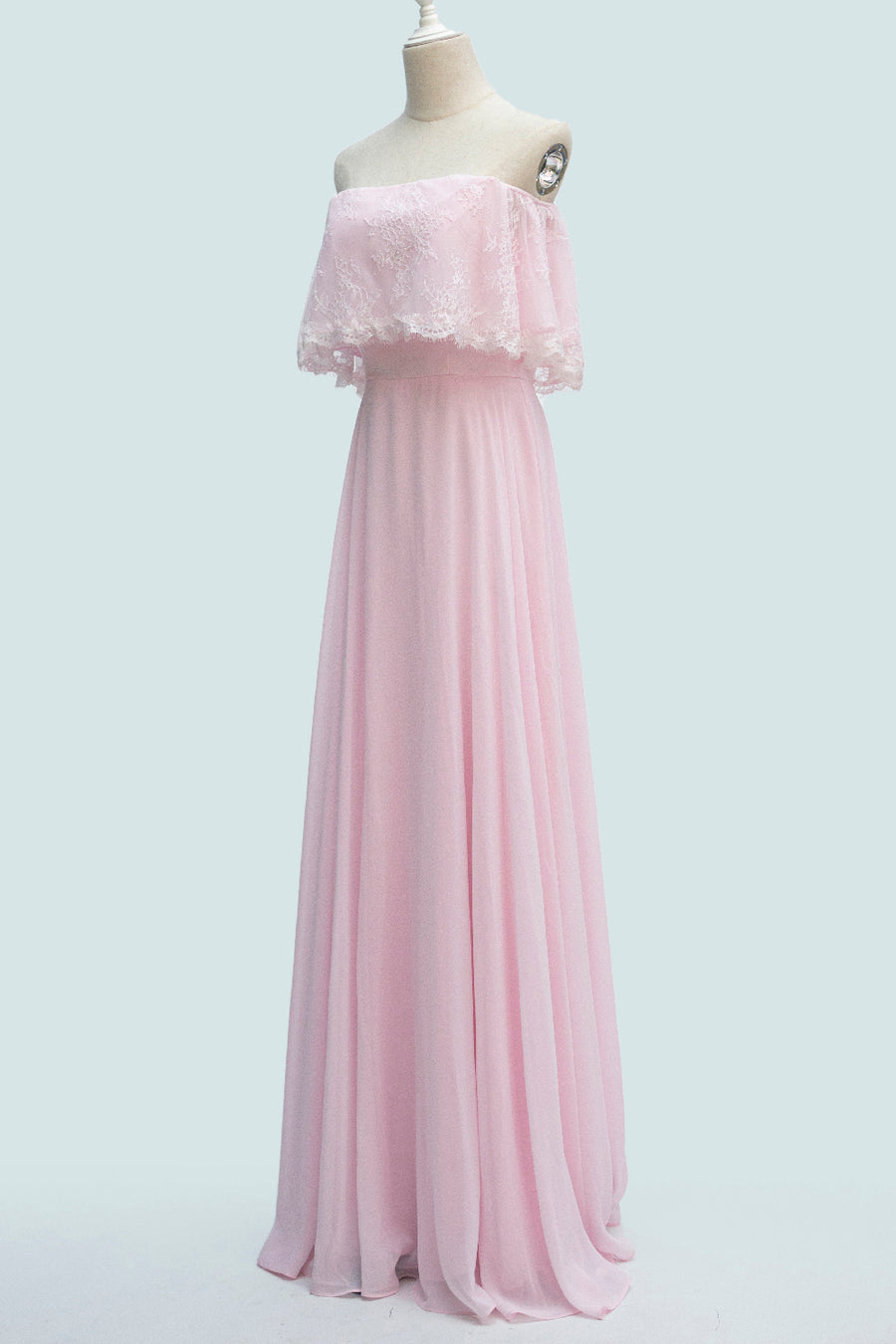 Candy Pink A-line Strapless Chiffon Ruffle Applique Long Bridesmaid Dress