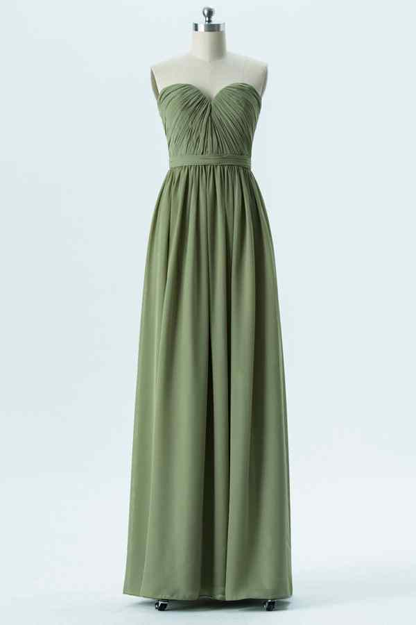 Olive A-line Strapless Chiffon Pleated Long Bridesmaid Dress