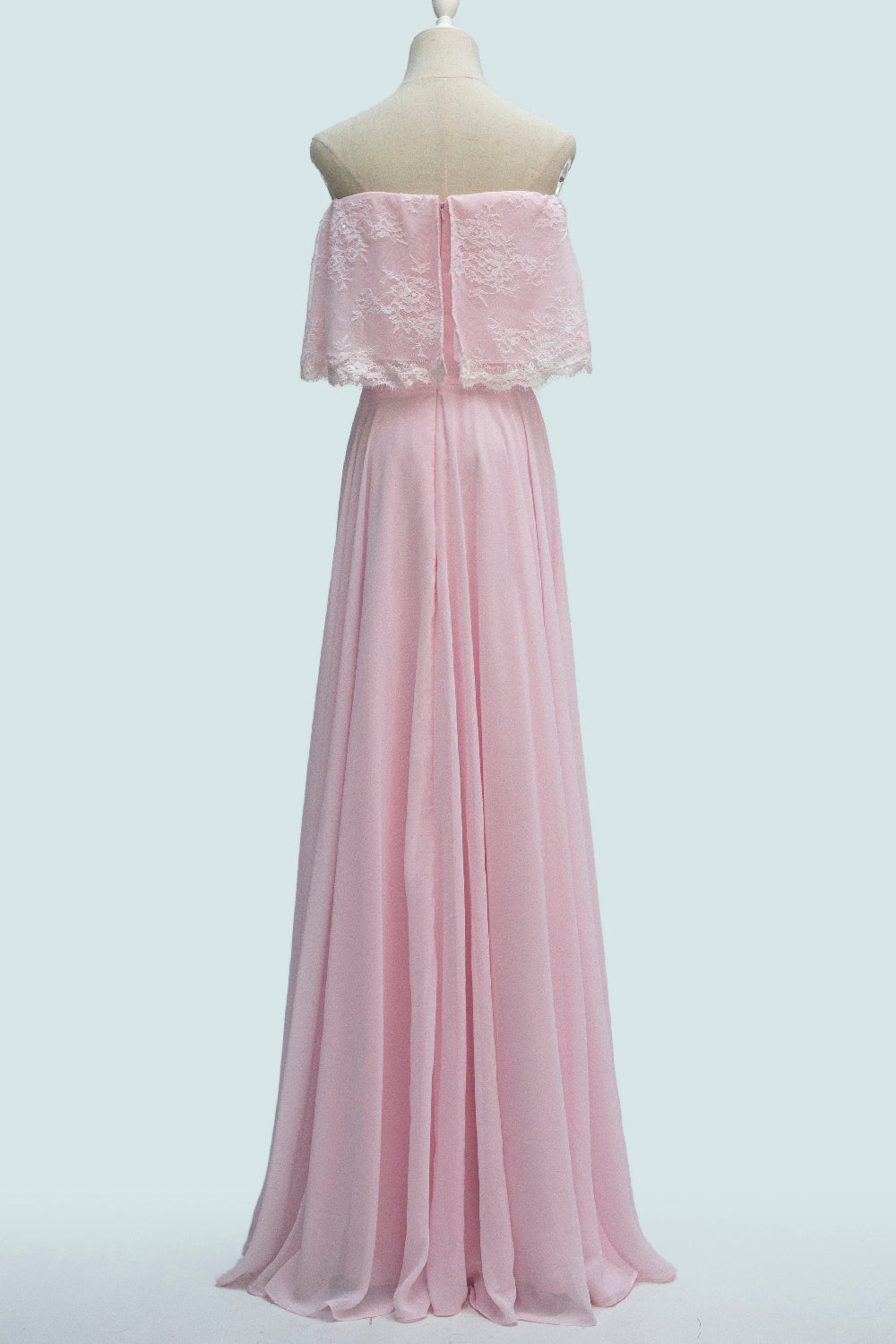 Candy Pink A-line Strapless Chiffon Ruffle Applique Long Bridesmaid Dress