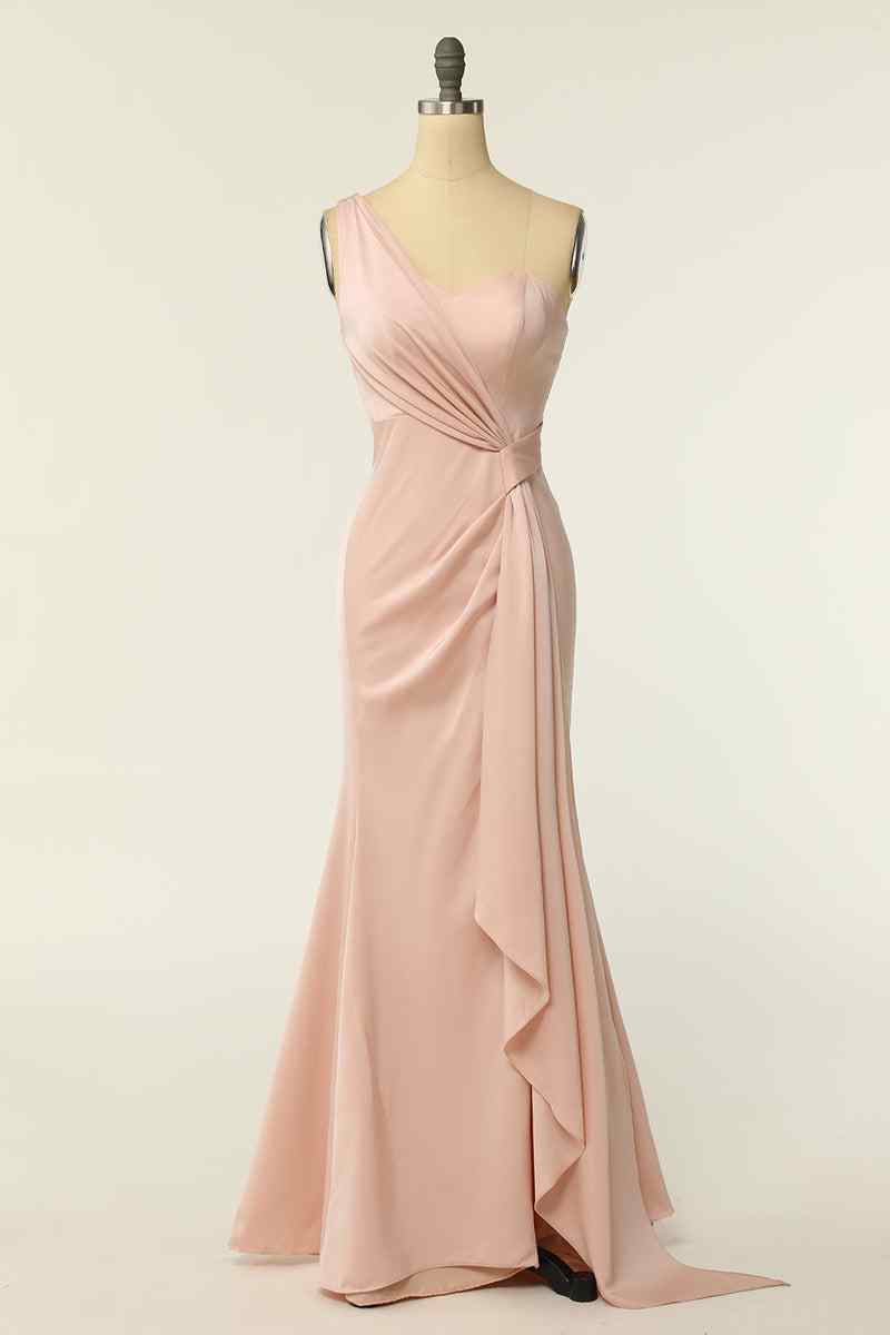 Champagne Mermaid One Shoulder Chiffon Pleated Long Bridesmaid Dress