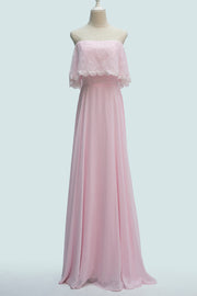 Candy Pink A-line Strapless Chiffon Ruffle Applique Long Bridesmaid Dress