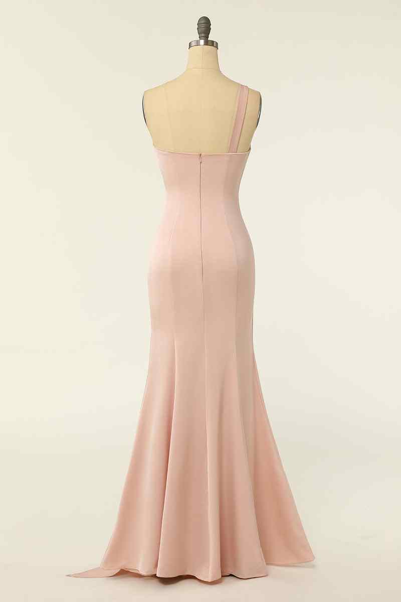 Champagne Mermaid One Shoulder Chiffon Pleated Long Bridesmaid Dress