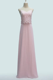 Candy Pink A-line Spaghetti Strap Chiffon lace Long Bridesmaid Dress