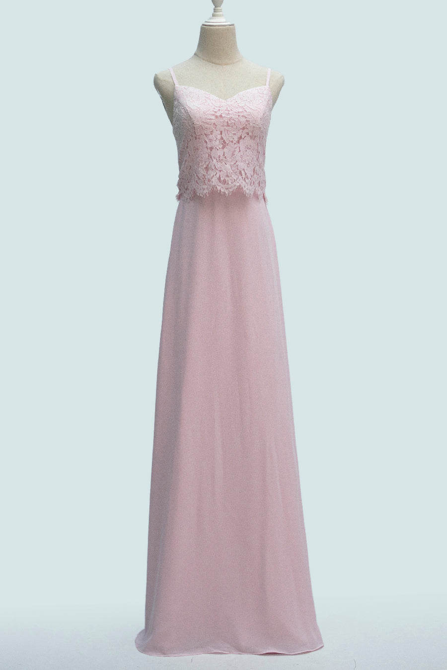 Candy Pink A-line Spaghetti Strap Chiffon lace Long Bridesmaid Dress