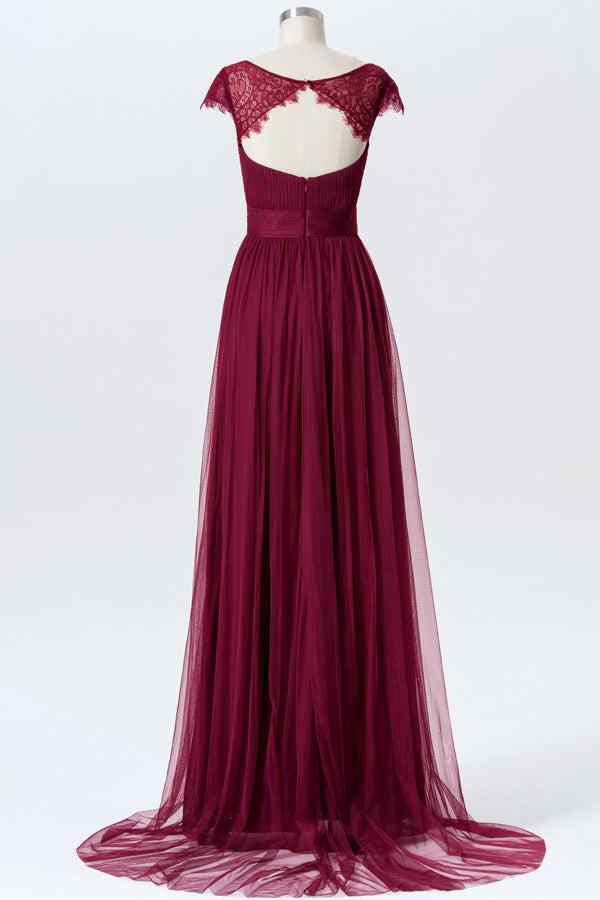 Mulberry A-line Sweetheart Tulle Pleated Lace Cap Sleeves Long Bridesmaid Dress