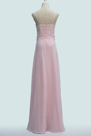 Candy Pink A-line Spaghetti Strap Chiffon lace Long Bridesmaid Dress