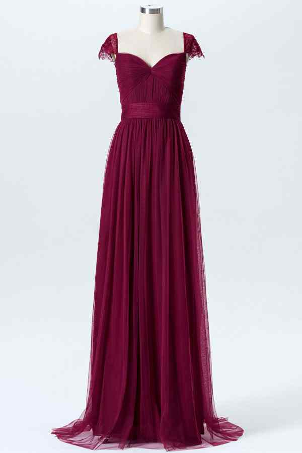 Mulberry A-line Sweetheart Tulle Pleated Lace Cap Sleeves Long Bridesmaid Dress Mulberry / US 10 Mulberry A-line Sweetheart Tulle Pleated Lace Cap Sleeves Long Bridesmaid Dress Mulberry / US 10