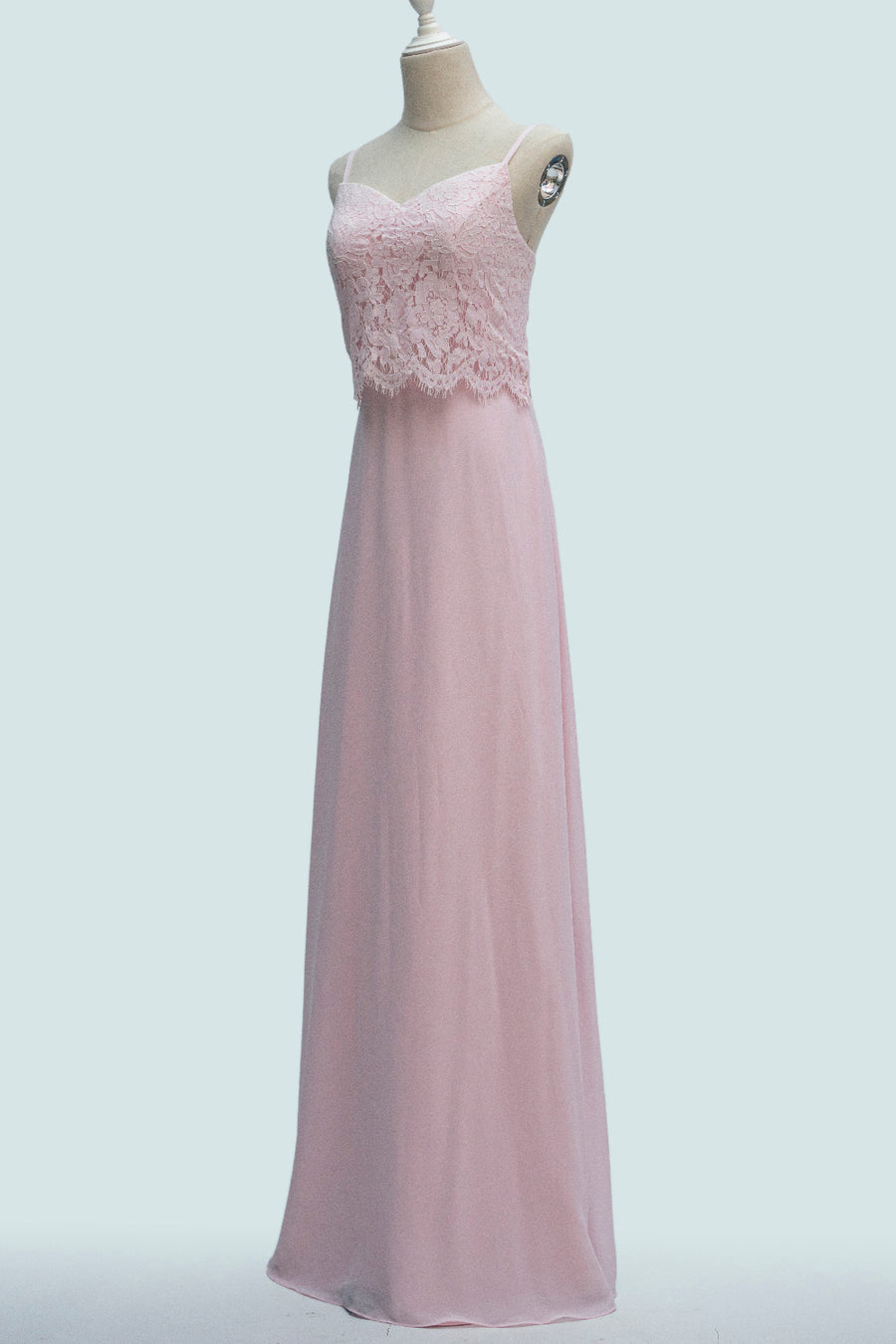 Candy Pink A-line Spaghetti Strap Chiffon lace Long Bridesmaid Dress