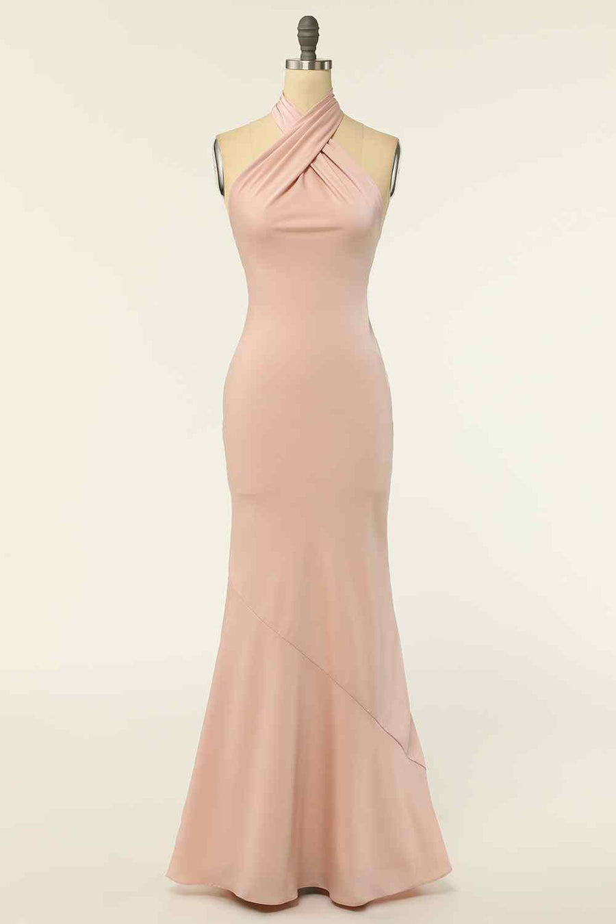 Champagne Mermaid Halter Satin Pleated Long Bridesmaid Dress Champagne / US 8 Champagne Mermaid Halter Satin Pleated Long Bridesmaid Dress Champagne / US 8