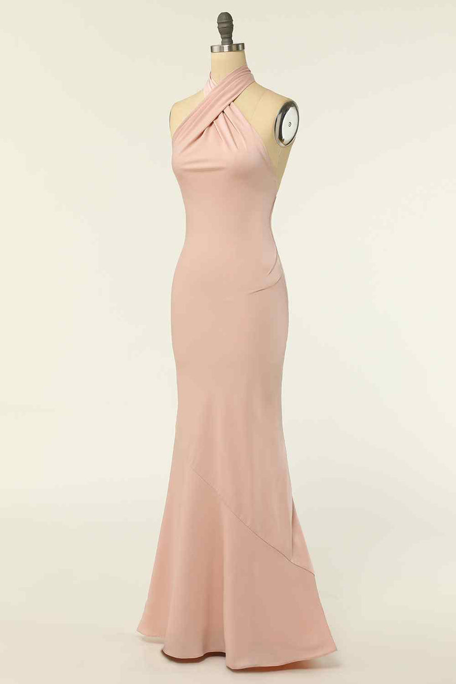 Champagne Mermaid Halter Satin Pleated Long Bridesmaid Dress Champagne / US 8 Champagne Mermaid Halter Satin Pleated Long Bridesmaid Dress Champagne / US 8