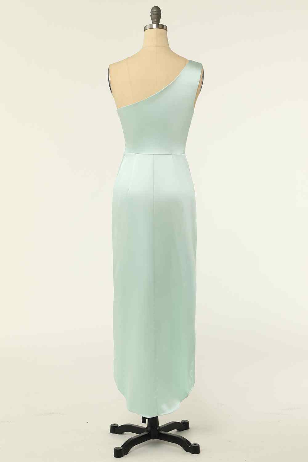 Agave Faux-wrap One Shoulder Satin Pleated Knee Length Bridesmaid Dress