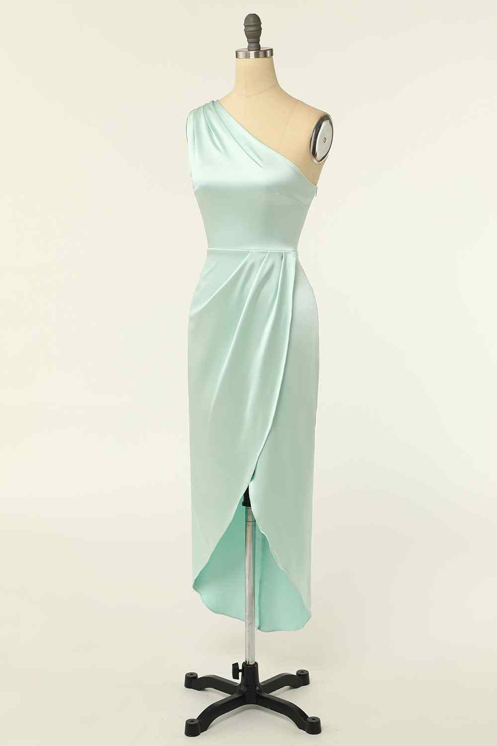 Agave Faux-wrap One Shoulder Satin Pleated Knee Length Bridesmaid Dress