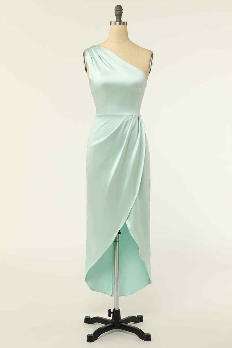 Agave Faux-wrap One Shoulder Satin Pleated Knee Length Bridesmaid Dress Agave / US 2 Agave Faux-wrap One Shoulder Satin Pleated Knee Length Bridesmaid Dress Agave / US 2
