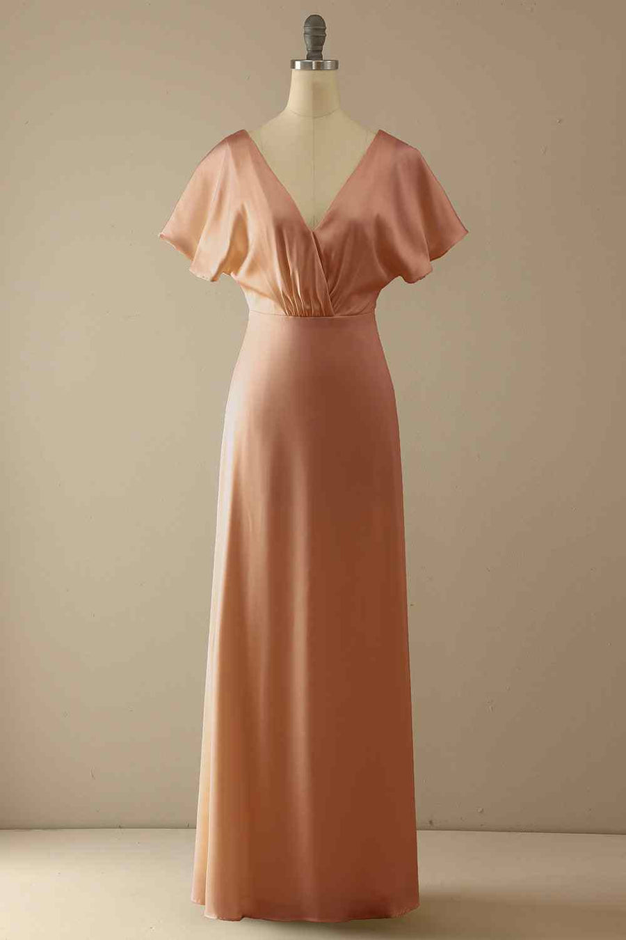 Sheath V Neck Satin Pleated Backless Long Bridesmaid Dress