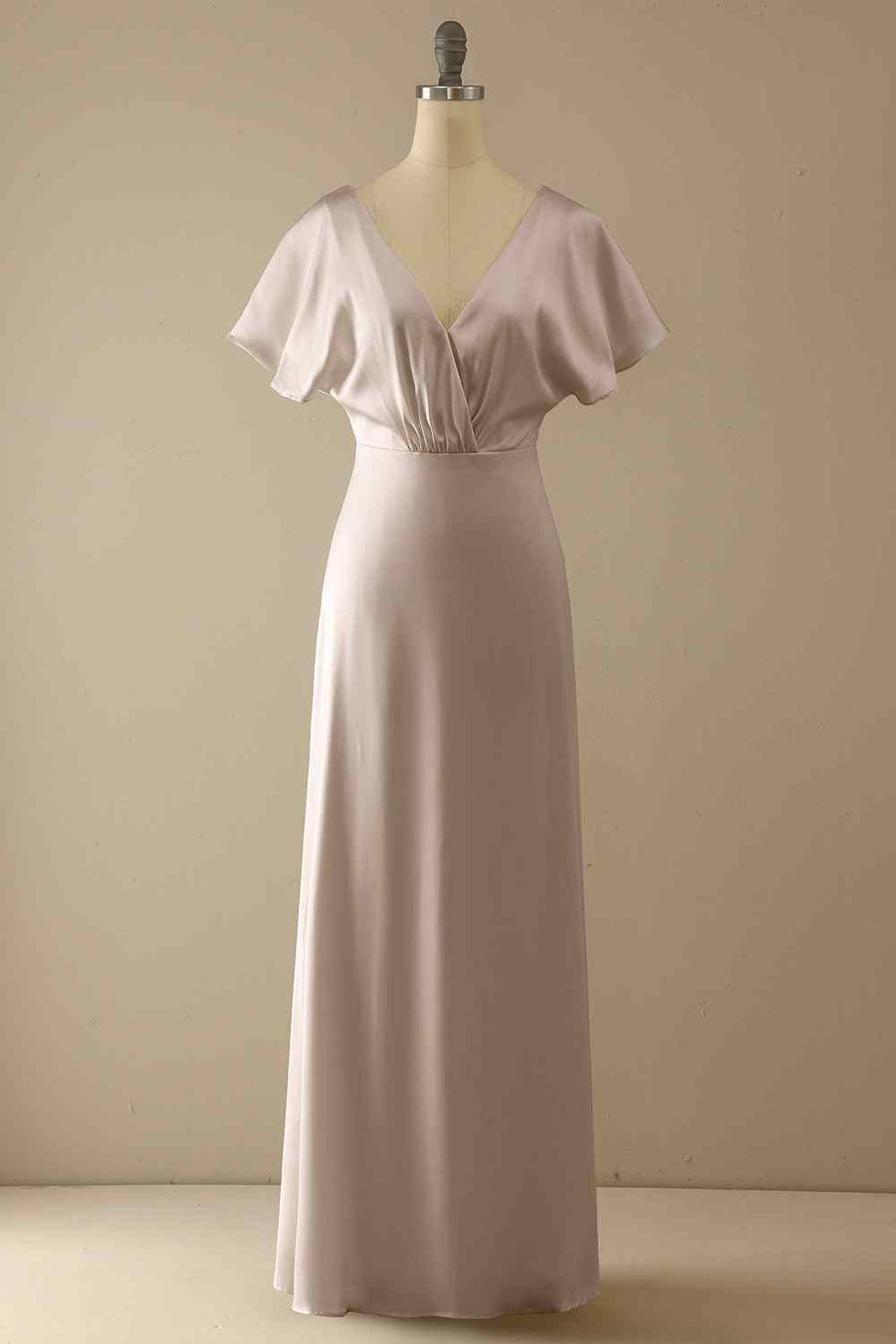Sheath V Neck Satin Pleated Backless Long Bridesmaid Dress
