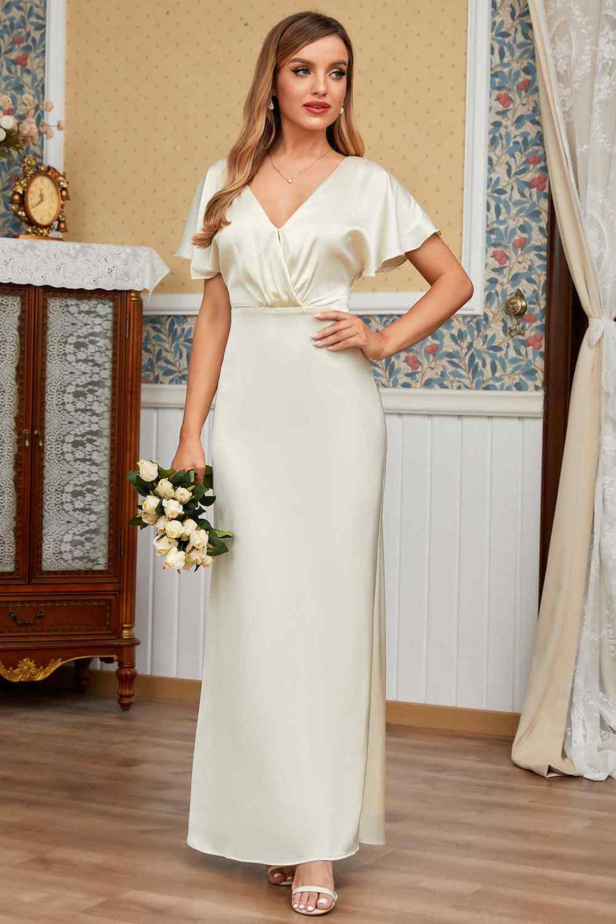Sheath V Neck Satin Pleated Backless Long Bridesmaid Dress Taupe / US 6 Sheath V Neck Satin Pleated Backless Long Bridesmaid Dress Taupe / US 6