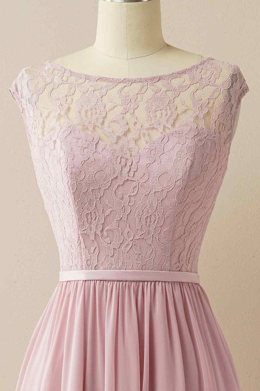 Wisteria A-line Illusion Lace Cap Sleeves Chiffon Long Bridesmaid Dress