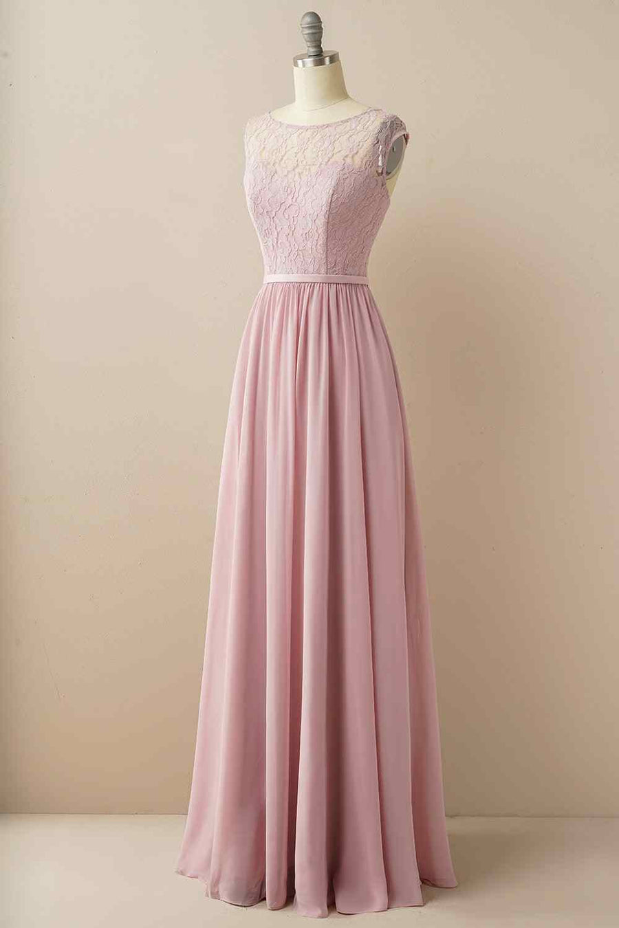 Wisteria A-line Illusion Lace Cap Sleeves Chiffon Long Bridesmaid Dress