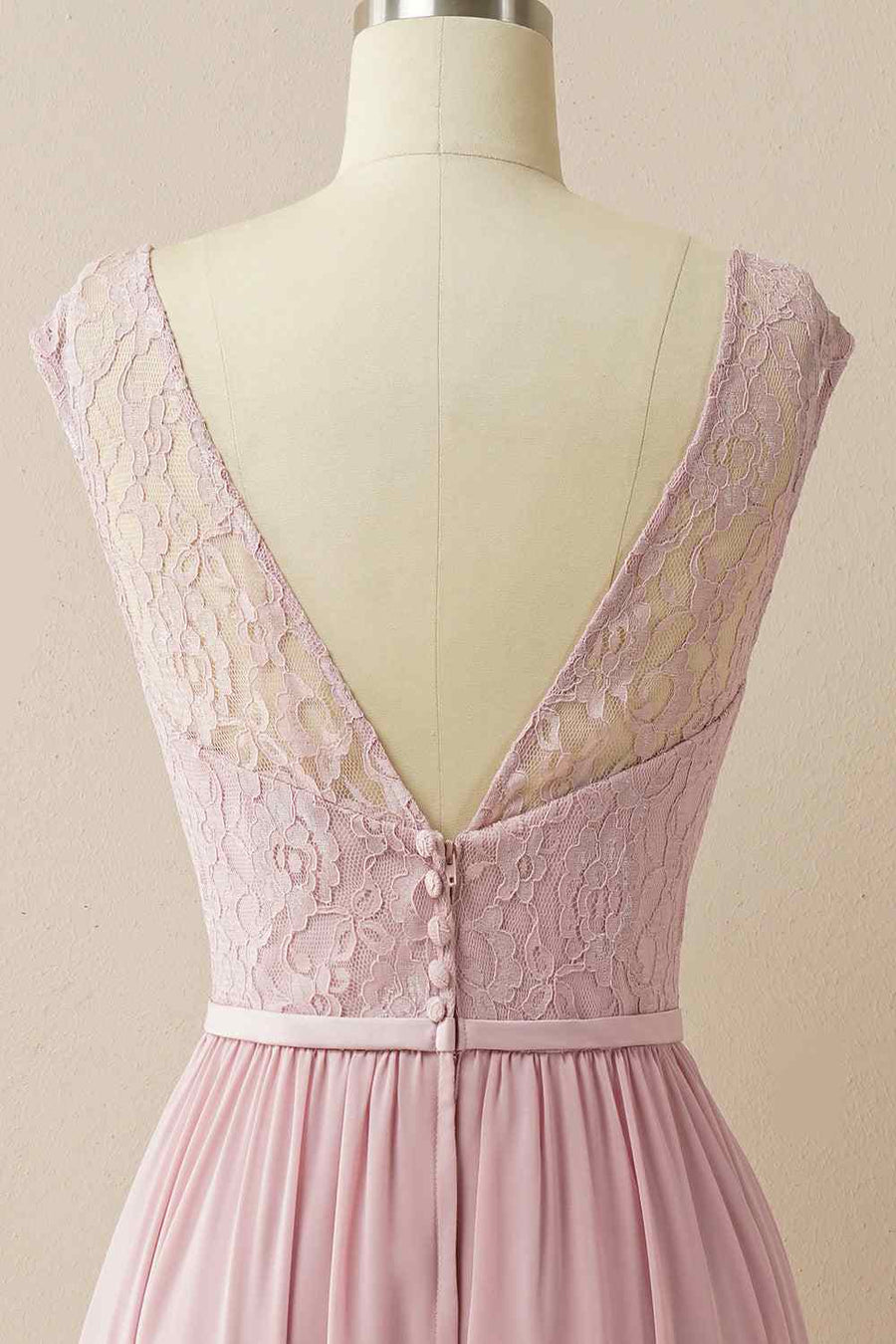 Wisteria A-line Illusion Lace Cap Sleeves Chiffon Long Bridesmaid Dress