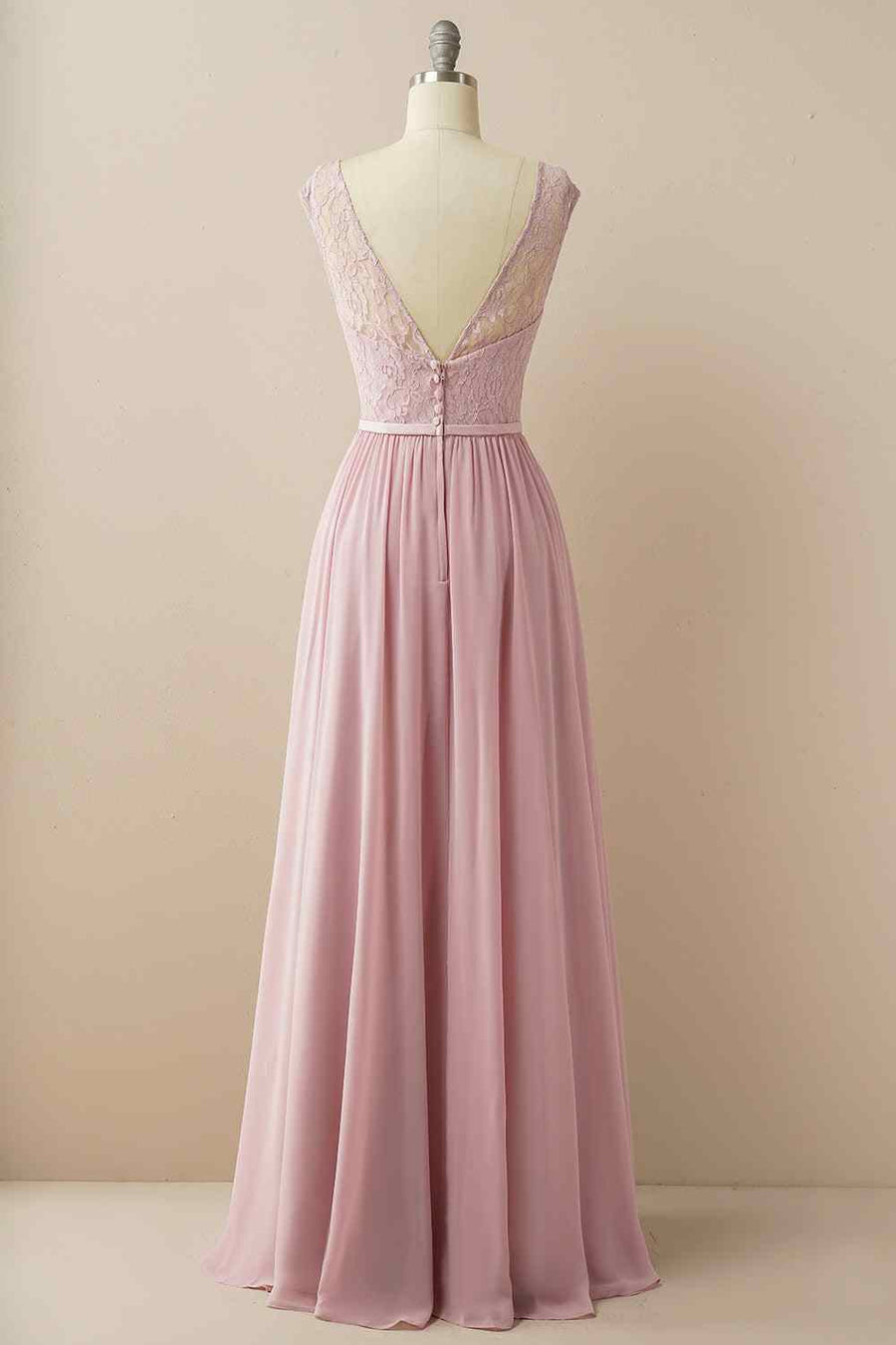 Wisteria A-line Illusion Lace Cap Sleeves Chiffon Long Bridesmaid Dress