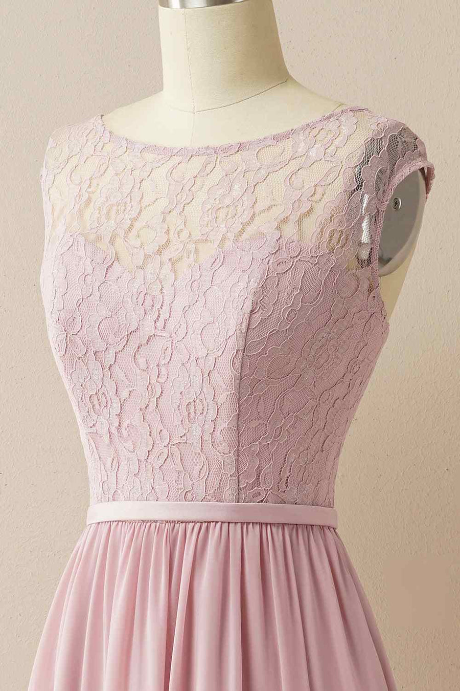 Wisteria A-line Illusion Lace Cap Sleeves Chiffon Long Bridesmaid Dress