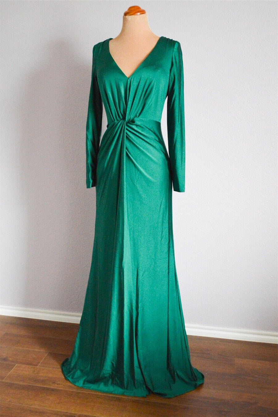 Peacock Green Mermaid Long Sleeves Pleated Twisted Knot Long Bridesmaid Dress Peacock Green / US 10
