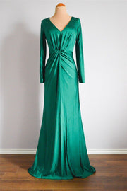 Peacock Green Mermaid Long Sleeves Pleated Twisted Knot Long Bridesmaid Dress