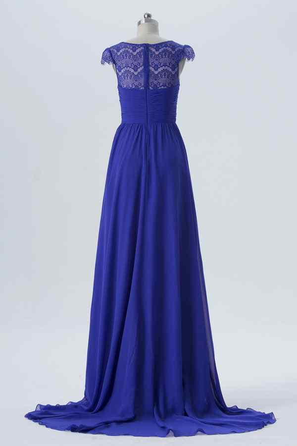 Royal Blue A-line Cap Sleeves Twisted Knot Long Bridesmaid Dress