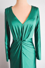 Peacock Green Mermaid Long Sleeves Pleated Twisted Knot Long Bridesmaid Dress