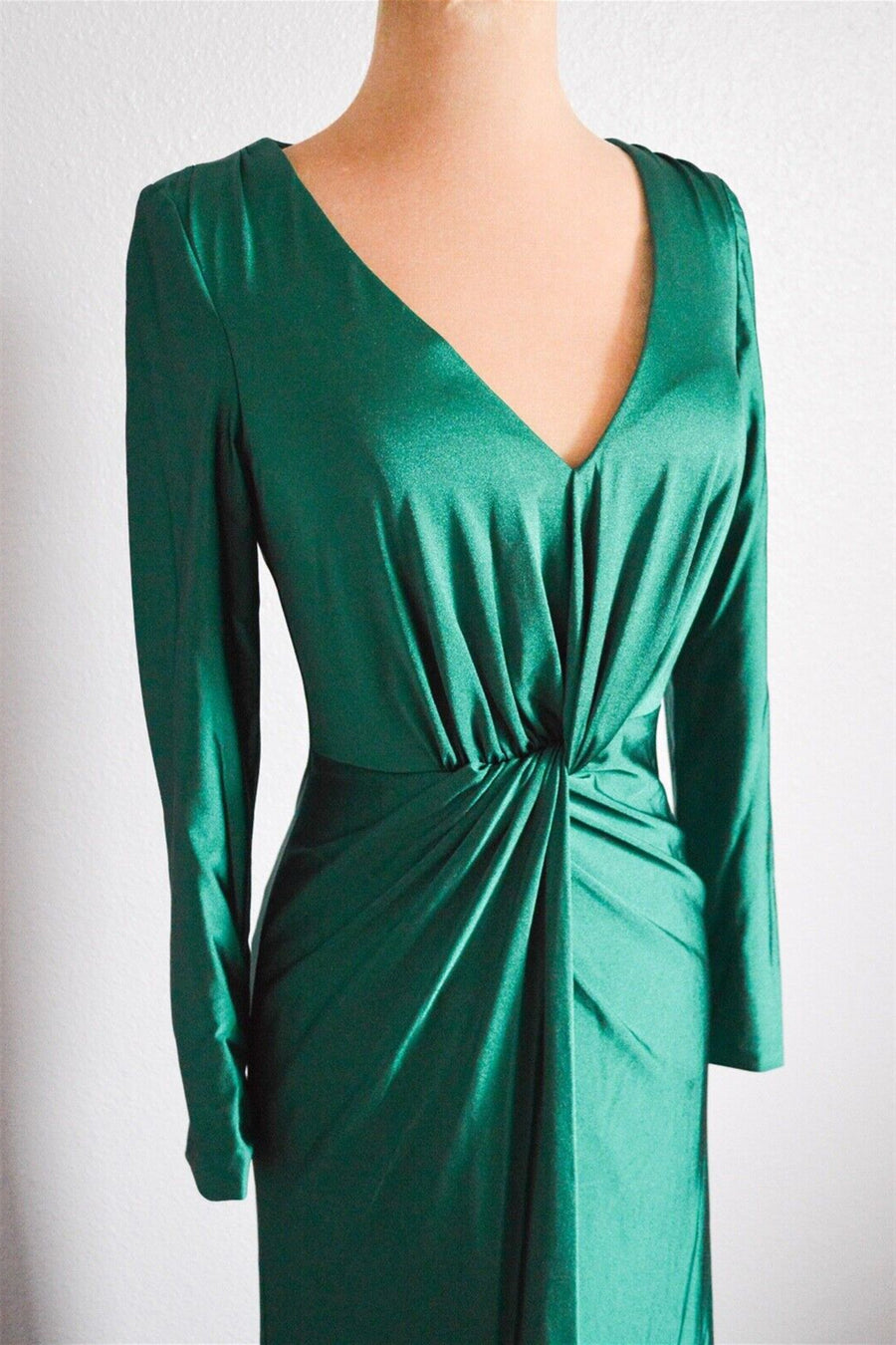 Peacock Green Mermaid Long Sleeves Pleated Twisted Knot Long Bridesmaid Dress